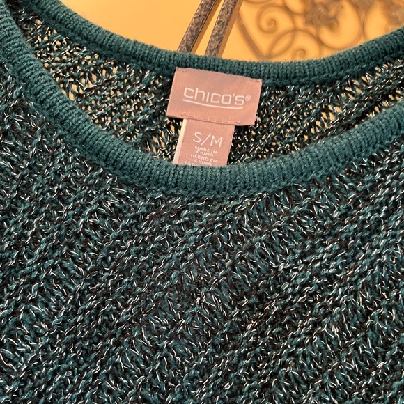 Chico’s Metallic Knit Triangle Poncho In Goddess Green - Picture 4 of 10